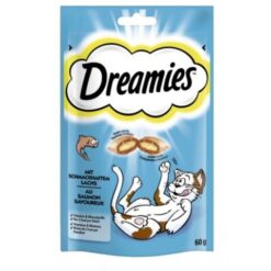 Неустоими лакомства за котки Dreamies Cat Treats с вкус на Сьомга. Хрупкави джобчета с кремообразен пълнеж.