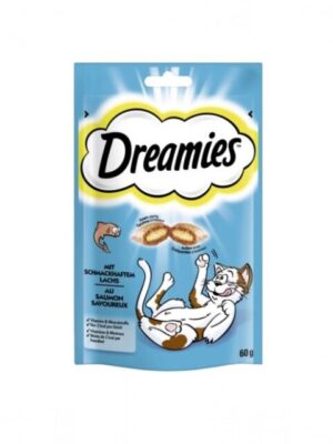 Неустоими лакомства за котки Dreamies Cat Treats с вкус на Сьомга. Хрупкави джобчета с кремообразен пълнеж.