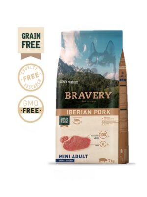 Bravery храна за кучета от малки породи. Dog Adult Mini & Small Iberian Pork, храната е натурална и без зърно, подходяща за алергични кучета