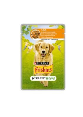 Невероятна Мокра храна за кучета - Friskies Adult Pouch с Пилешко и моркови 100 гр предлагана от зоомагазин Daneni
