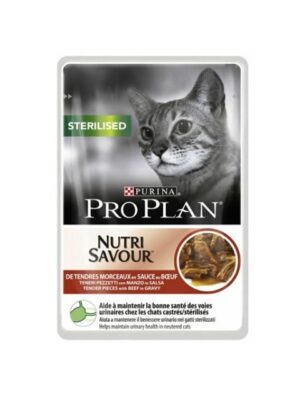 Зоомагазин Данени, Пауч за кастрирани котки, Purina Pro Plan, Говеждо в сос.