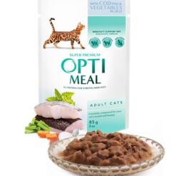 Пауч за котки OptiMeal Super Premium Adult Cat Pouch риба треска с зеленчуци в желе 85 гр