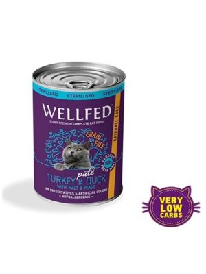 Консерва Wellfed Cat Adult Sterilised Hairball Care e подходяща за възрастни кастрирани котки с капилярни проблеми