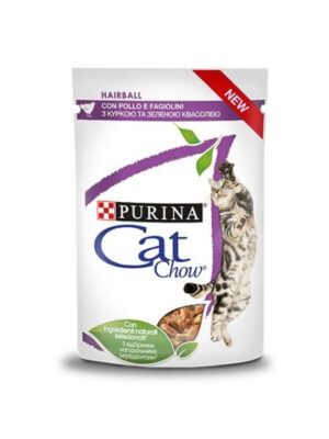 Пауч за израснали котки с пиле и зелен фасул в сос, Cat Chow Pouch Adult Hairball - против космени топки от зоомагазин Daneni