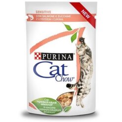 Храна за котки, пауч за котки Cat Chow Pouch Adult Sensitive, сьомга и тиквички в сос, 85 гр.