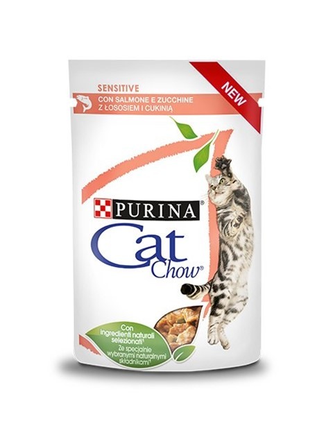 Храна за котки, пауч за котки Cat Chow Pouch Adult Sensitive, сьомга и тиквички в сос, 85 гр.