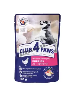 Храна за кучета - Club 4 Paws Premium Pouch Puppies Dog All Breeds - пауч за кученца - Пилешко в желе - Зоомагазин "Daneni"