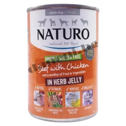 Naturo Dog Natural Beef with Chicken in a Herb Jelly - Консерва за кучета Натуро - Говеждо и пилешко в билково желе, 390 гр.