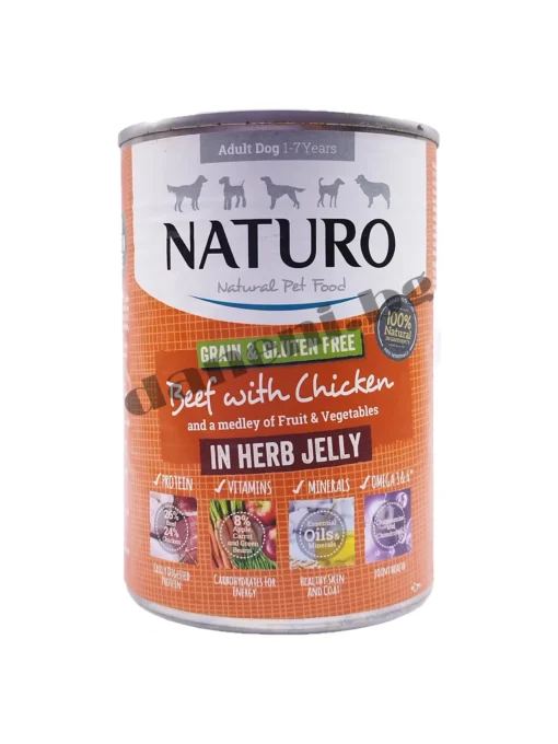 Консерва за кучета Naturo Dog Natural Beef with Chicken in a Herb Jelly, Говеждо и пилешко в билково желе