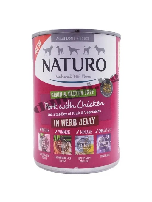 Naturo Dog Natural Pork with Chicken in a Herb Jelly - Кучешка консерва - Свинско и пилешко в билково желе, 390 гр.