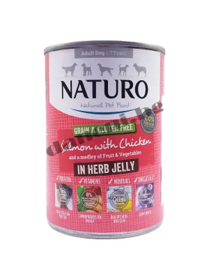 Naturo Dog Natural Salmon with Chicken in a Herb Jelly - Консерва за кучета - Сьомга и пиле в билково желе, 390 гр.