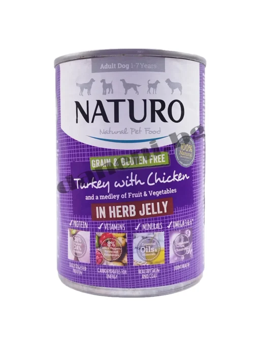 Naturo Dog Natural Turkey with Chicken in a Herb Jelly - Консервирана храна за кучета - Пуешко и пилешко в билково желе, 390 гр.