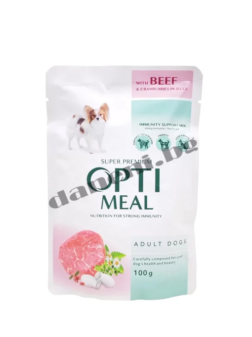 Opti Meal Super Premium Adult Dog Pouch - Пауч за възрастни кучета от всички породи - Говеждо с червени боровинки в желе 100 гр