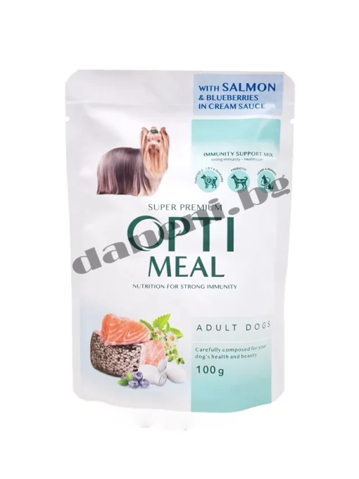 Opti Meal Super Premium Adult Dog Pouch - Пауч за кучета на възраст над 12 месеца - Сьомга и боровинки в сметанов сос 100 гр