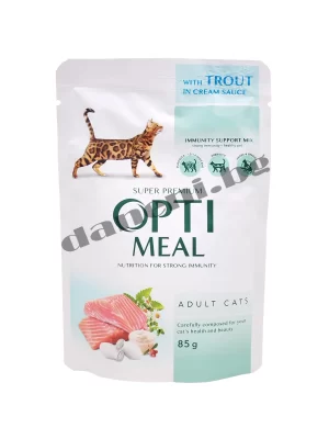 Opti Meal Super Premium Adult Cat Pouch - Мокра храна за котки - Пъстърва с крем сос 85 гр | Зоомагазин "Daneni"