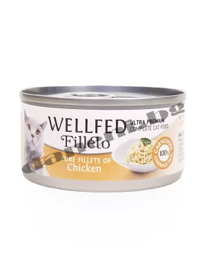 Най-добрата мека храна за мъркащи любимци Wellfed Filleto Pure Chicken Ultra Premium Adult Cat с пилешко филе от зоомагазин Daneni