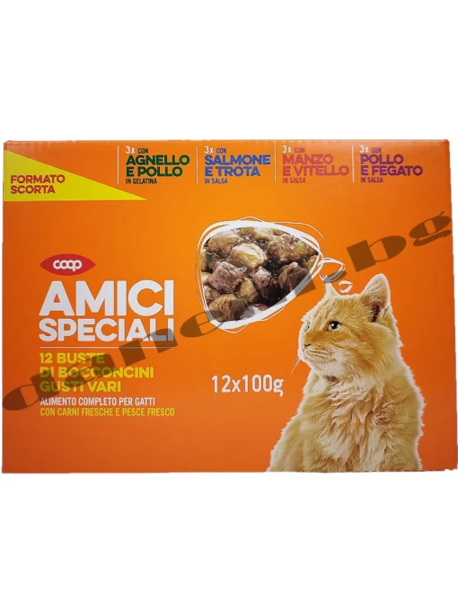 Пауч за котки Amici Speciali Pouch Adult Cat, Пиле, сьомга, агне, говеждо, 12 х 100 гр. зоомагазин Данени,
