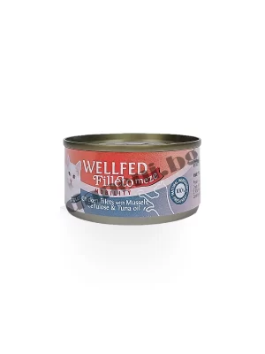 Консерва за котки Wellfed Filleto meze Mobility, Пилешки филенца с миди целулоза и масло от риба тон, 70 гр