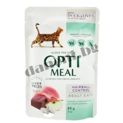 Пауч за израснали котки Opti Meal Grain Free Hairball Control - Патешко с дроб и ябълки в желе 85 гр | Зоомагазин "Daneni"