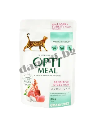 Opti Meal Grain Free Sensitive Digestion - Храна в пауч за котки с чувствителен стомах - Агнешко и пуешко филе в сос | Зоомагазин "Daneni"