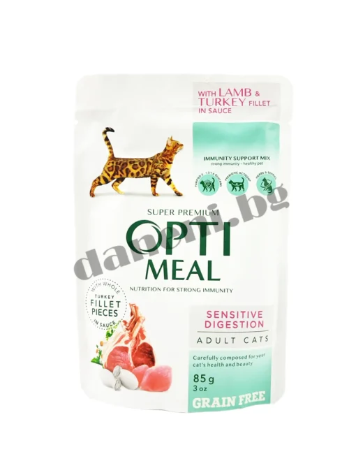 Пауч за котки Opti Meal Grain Free Sensitive Digestion, без зърно за възрастни котки с чувствително храносмилане.