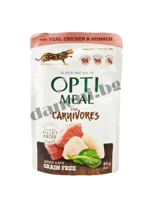 Opti Meal Grain Free - Пауч за котки с телешко и пилешко филе със спанак 85 гр | Зоомагазин "Daneni"