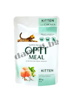 Opti Meal Kitten Super Premium Cat Pouch - Пауч с пилешко месо за хранене на малко котенце 85 гр | Зоомагазин "Daneni"