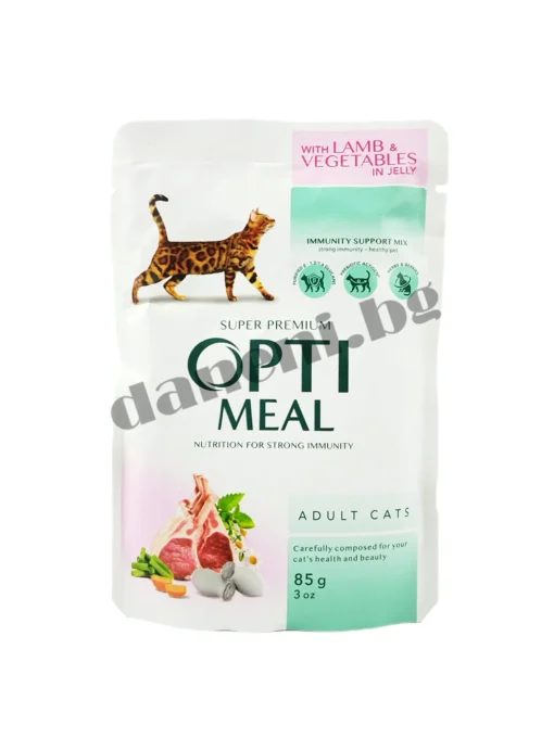 OptiMeal - Пауч за възрастни котки с агнешко и зеленчуци в желе 85 гр | Зоомагазин "Daneni"