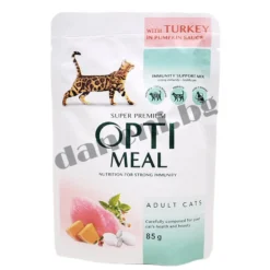 Opti Meal Super Premium - Мокра храна за котки на възраст над 12 месеца в пауч - Пуйка в тиквен сос 85 гр | Зоомагазин "Daneni"
