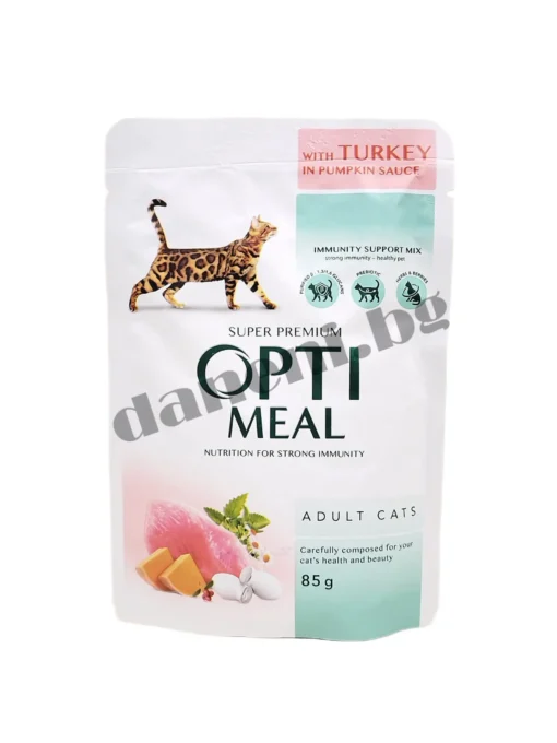 Opti Meal Super Premium - Мокра храна за котки на възраст над 12 месеца в пауч - Пуйка в тиквен сос 85 гр | Зоомагазин "Daneni"