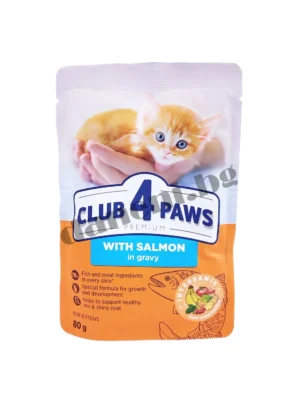 Club 4 Paws Kitten Cat Premium Pouch - Мокра храна за малки котета със Сьомга в желе 80 гр | Зоомагазин "Daneni"