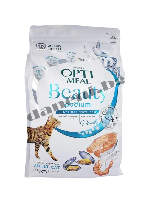 OptiMeal Beauty Podium Shiny Coat & Dental Care - Суха храна за възрастни котки - Морски протеини 4 кг | Зоомагазин "Daneni"