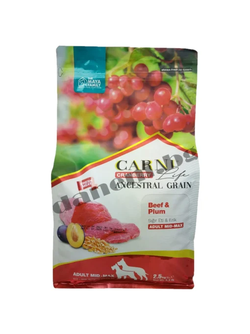 Carni Life Cranberry Ancestral Grain Beef & Plum - Премиум храна за кучета за здрави стави, богата на фибри, за средни и големи породи от зоомагазин Daneni