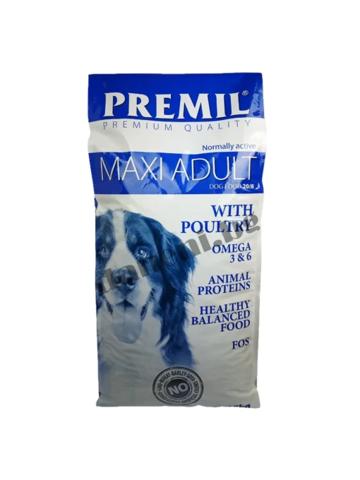 Опаковка на Premil Maxi Adult – пълноценна храна за кучета над 1 година от средни и едри породи. С пилешко месо, витамини и минерали за здраве, козина и енергия от зоомагазин daneni