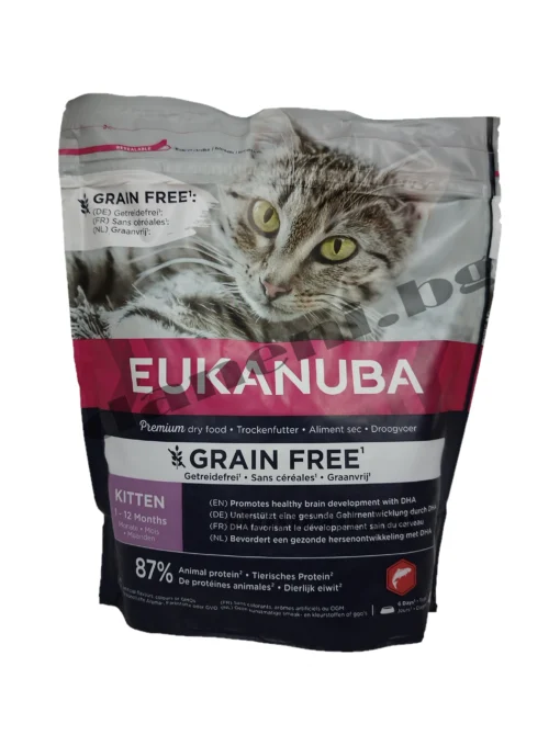 Храна за малки котенца, Eukanuba Kitten Grain Free със сьомга. Хранете малките котета пълноценно с храните от зоомагазин daneni