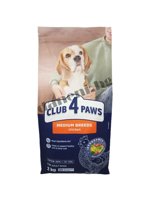 Храна за средни породи кучета, 2 кг - Club 4 Paws Premium, висок клас кучешка храна за израснали от зоомагазин daneni