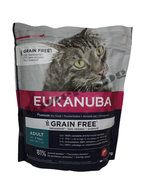 Eukanuba Grain Free - Хубава храна за котки със чувствителен стомах, беззърнена за израснала котка от зоомагазин daneni.bg