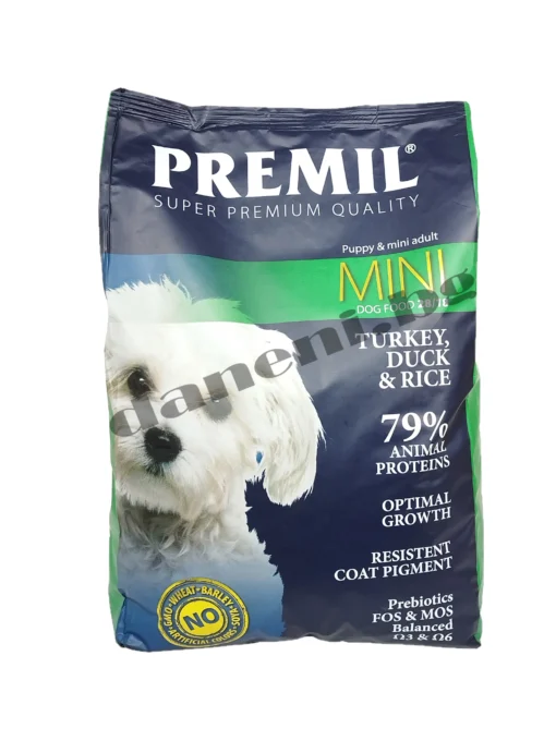 Най-добрата храна за бели кучета Premil Mini. Храната е подходяща за израснали и израстващи от малка порода куче. зоомагазин daneni
