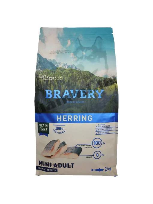 Хипоалергенна беззърнена храна за израснали кучета от малки породи с риба херинга. Bravery Herring mini adult - Най добрата кучешка храна при алергии от зоомагазин daneni