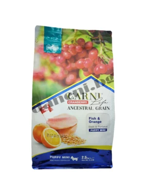 Carni Life Cranberry Ancestral Grain Fish & Orange Puppy Mini - висококачествена храна за подрастващи кучета от дребни породи, богата на риба, плодове и здравословни зърнени култури.