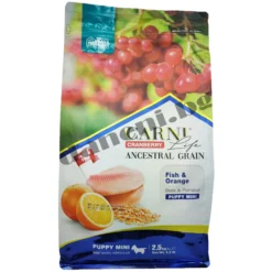 Carni Life Cranberry Ancestral Grain Fish & Orange Puppy Mini - висококачествена храна за подрастващи кучета от дребни породи, богата на риба, плодове и здравословни зърнени култури.