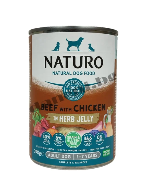 Naturo Dog Natural Beef with Chicken in a Herb Jelly - Консерва за кучета Натуро - Говеждо и пилешко в билково желе, 390 гр