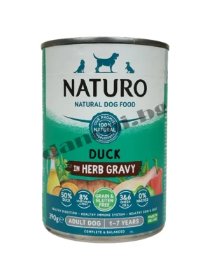 Naturo Dog Natural Duck in Herb Gravy - Кучешка консервирана храна - Патица в зеленчуков сос, 390 гр