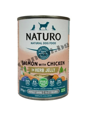 Naturo Dog Natural Salmon with Chicken in a Herb Jelly - Консерва за кучета - Сьомга и пиле в билково желе, 390 гр