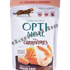 Изображение на Opti Meal Carnivores Salmon & Shrimp Grain Free Adult Cat - Супер премиум пауч за котки с вкус на сьомга и скариди 85 гр от зоомагазин daneni