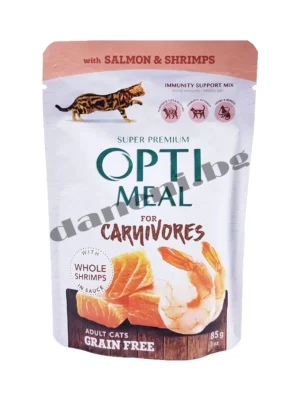 Изображение на Opti Meal Carnivores Salmon & Shrimp Grain Free Adult Cat - Супер премиум пауч за котки с вкус на сьомга и скариди 85 гр от зоомагазин daneni