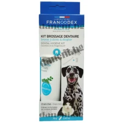 Francodex Dental Kit, включваща паста за зъби за кучета, четка за зъби за кучета и щастливо куче и коте с блестяща усмивка.