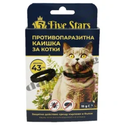 Черна противопаразитна каишка за котки Five Stars, поставена на врата на коте.