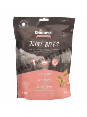 Опаковка от 350 гр. лакомства Chicopee Joint Bites за стави за кучета. Продуктът е в удобна опаковка и съдържа вкусни хапки, богати на зеленоустни миди, глюкозамин и хондроитин за подкрепа на ставите.