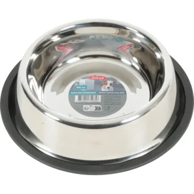 Снимка на купа за кучета Zolux Stainless steel bowl, изработена от неръждаема стомана, с неплъзгаща се основа и лого на Zolux.